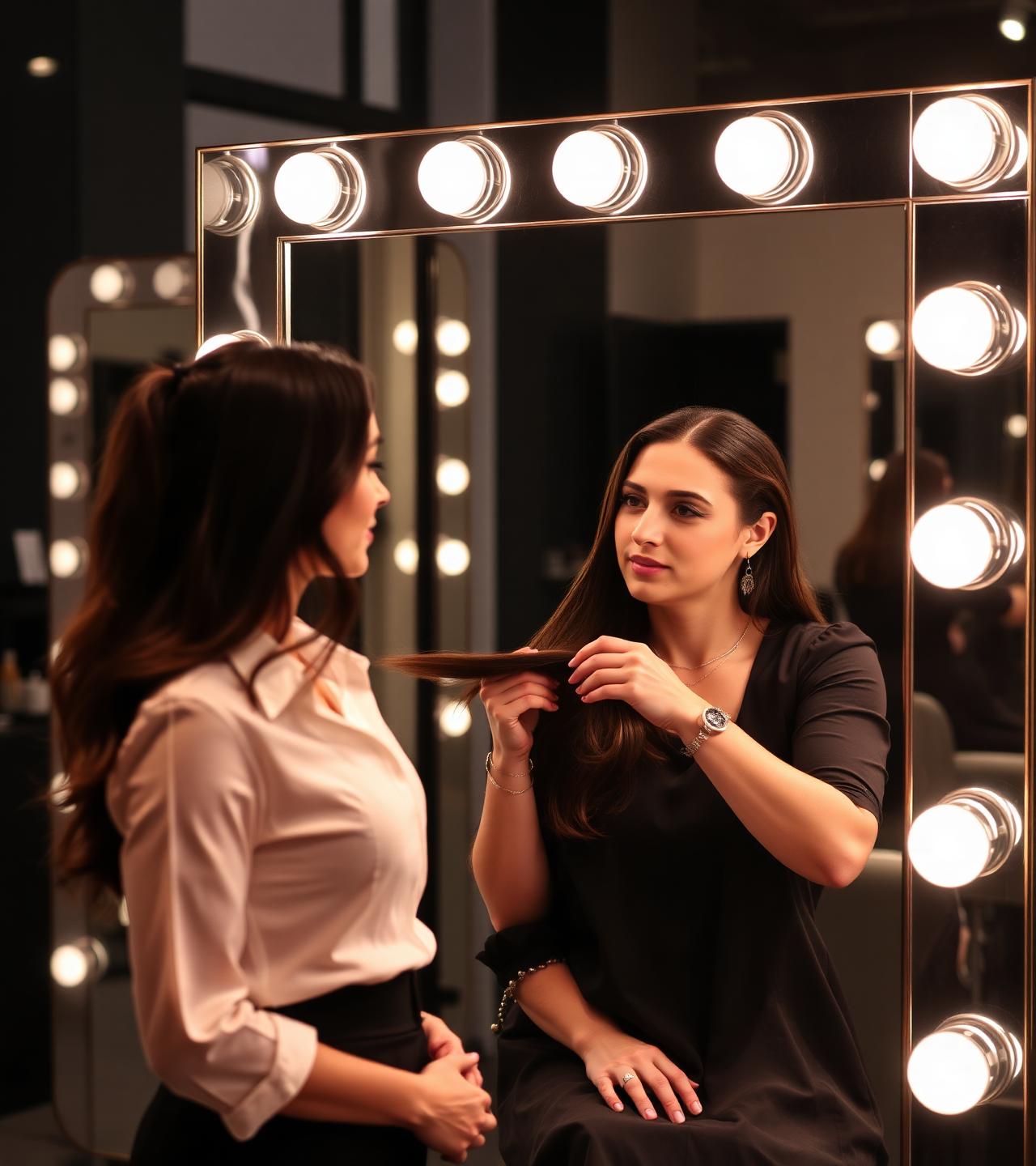 Stylist consulting with client at salon mirror
