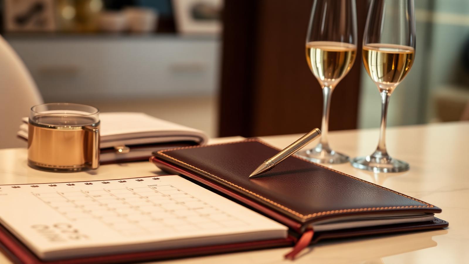 Elegant leather appointment book with gold pen on marble counter