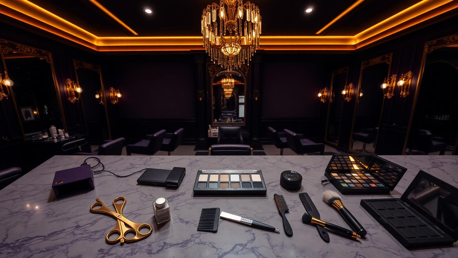 Polished salon styling station with gold accents